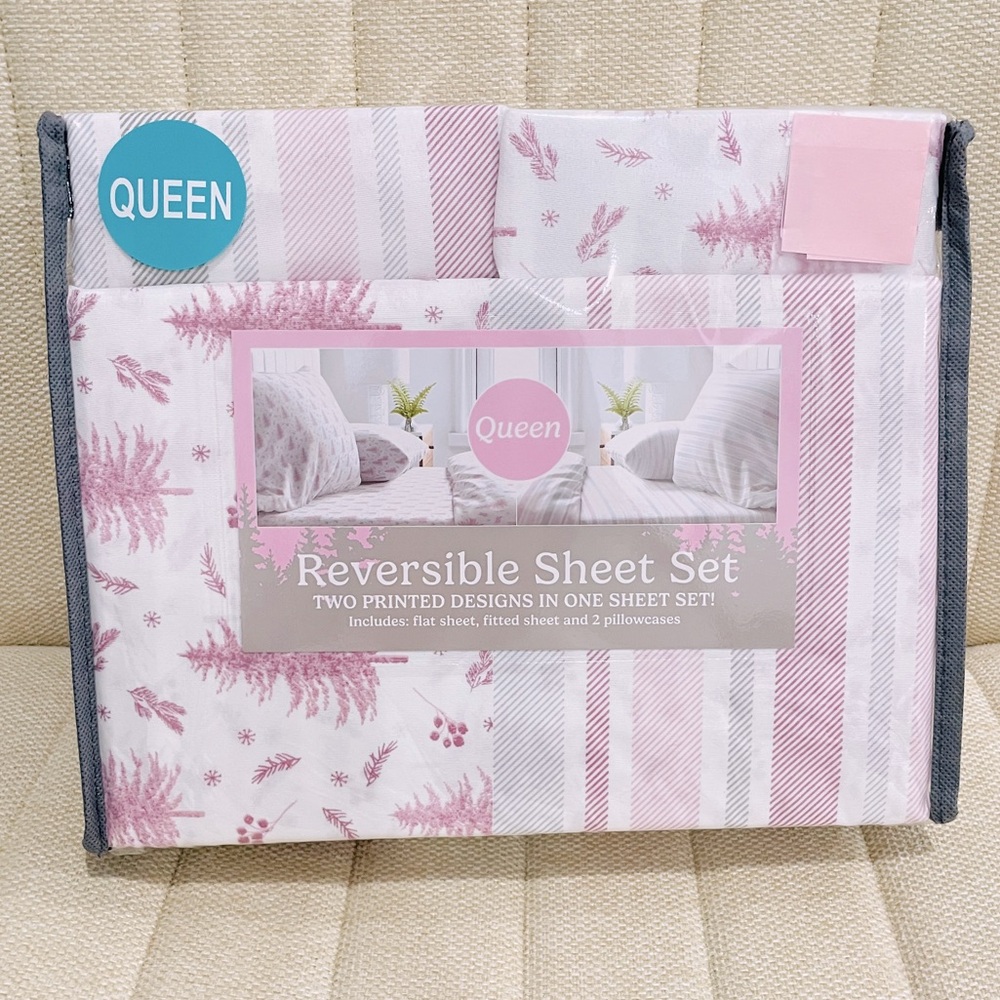 NEW Queen Reversible Sheet Set White Pine Tree Stripe 4pc Winter Holiday Bedding